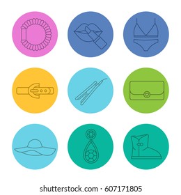 Women's accessories linear icons set. Underwear, hair straightener and scrunchy, clutch, earring, leather belt, boot, hat, lipstick. Thin line contour symbols on color circles. Vector illustrations