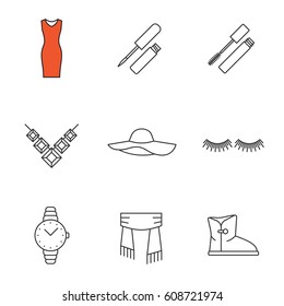 Women's accessories linear icons set. Evening dress, lip gloss, mascara, necklace, hat, eyelashes extension, wristwatch, scarf, warm boot. Thin line contour symbols. Isolated vector illustrations