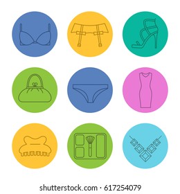 Women's accessories linear icons set. Bra and panties, underwear garters, high heel shoe, purse, evening dress, blusher, necklace. Thin line contour symbols on color circles. Vector illustrations