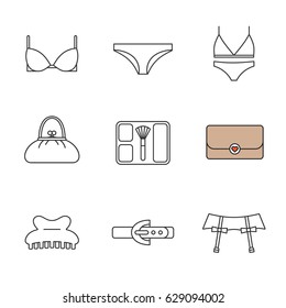 Women's accessories linear icons set. Underwear garters, bra and panties, clutch, purse, blusher, claw hair clip, leather belt. Thin line contour symbols. Isolated vector illustrations