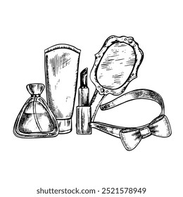 Women's accessories, perfumes, mirrors and cosmetics. Beauty and fashion. A black and white vector illustration in the style of graphics, made by hand. Design elements on a white background.