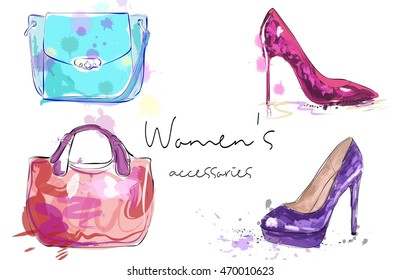 Women's Accessories Poster. Bags And High Heeled Ladies Shoes.