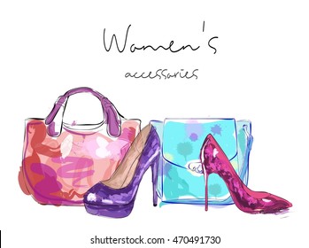Women's accessories poster. Bags and high heeled ladies shoes.