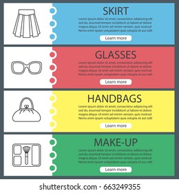 Women's accessories web banner templates set. Skirt, sunglasses, purse, blusher. Website color menu items with linear icons. Vector headers design concepts
