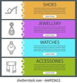 Women's accessories web banner templates set. Shoe, earring, watch, scarf. Website color menu items with linear icons. Vector headers design concepts