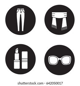 Women`s accessory and goods glyph icons set. Lipstick, sunglasses, jeans, scarf. Beauty salon. Fashion style. Women's store items. Vector white silhouettes illustrations in black circles