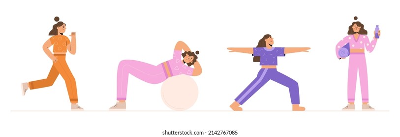 Women's activities. Set of women doing sports, yoga, jogging, fitness. Sport woman vector flat illustration isolated on white background in different poses