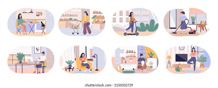 Women's activity and leisure illustration. Daily routines activities of women spend time eating, walking, chatting and reading, meditating, shopping, washing, cleaning