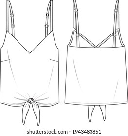 Women's Adjustable Strap, Knot Hem, Cami Top. Top technical fashion illustration. Flat apparel top template front and back, white color. Women's CAD mock-up.