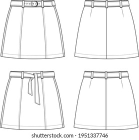 Women's A-Line, Belted Skirt Set- Skirts technical fashion illustration. Flat apparel skirts template front and back, white colour. Women's CAD mock-up.