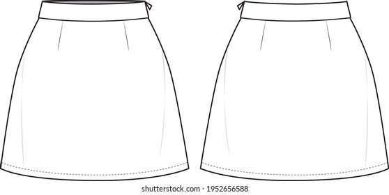 Women's A-Line Skirt- Skirt technical fashion illustration. Flat apparel skirt template front and back, white colour. Women's CAD mock-up.