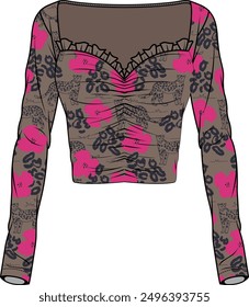WOMENS ALL OVER PRINT RUFFLE TOP