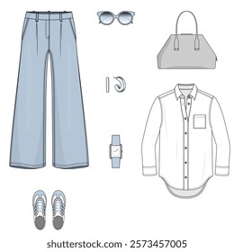 Women's all-seasons fashion set: light blue wide-leg jeans, white long sleeve shirt, sneakers, bag, earrings, wristwatch, sunglasses. Flat vector illustration of a trendy casual mini collection