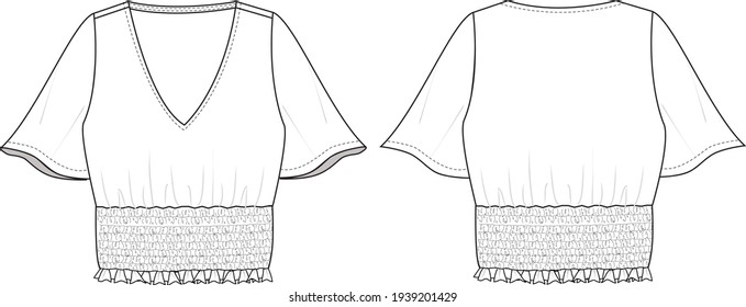 Women's Angel Sleeve, Shirred, Ruffle Hem, Crop Top. Top technical fashion illustration with V-neck. Flat top apparel template front, back, white color style.  Women CAD mock-up.