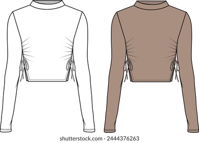 Women's Angled, Ruched Detail Crop Top- Technical fashion illustration. Front, white and mink color. Women's CAD mock-up.