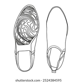 Damenknöchel Stiefelette Schuhe Linie Kunst, Technische Skizze Handzeichnung Umriss Vektor Doodle Illustration Ober-und Unterseite Ansicht einzeln auf weißem Hintergrund