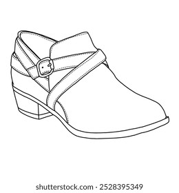 Women's ankle boots adley  shoes with strap Line art, Technical sketch hand drawing outline vector doodle illustration side 3D Isometric view isolated on white background