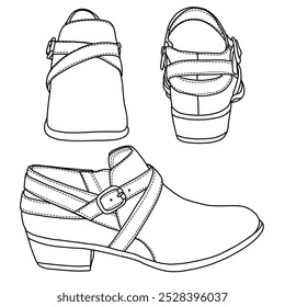 Women's ankle boots adley  shoes with strap Line art, Technical sketch hand drawing outline vector doodle illustration various view isolated on white background