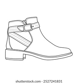 Women's ankle boots shoes with strap Line art, Technical sketch hand drawing outline vector doodle illustration side view isolated on white background