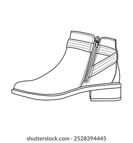 Women's ankle boots shoes with strap Line art, Technical sketch hand drawing outline vector doodle illustration side view isolated on white background