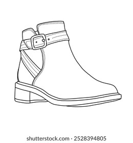 Women's ankle boots shoes with strap Line art, Technical sketch hand drawing outline vector doodle illustration side 3D Isometric view isolated on white background