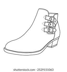 Women's ankle boots shoes with three strap Line art, Technical sketch hand drawing outline vector doodle illustration side 3d isometric view isolated on white background