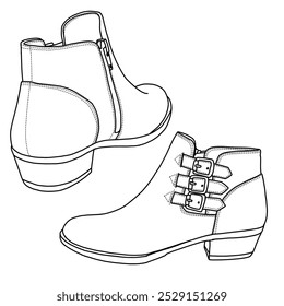 Sapatos de botas de tornozelo feminino com três cinta Line art, esboço técnico mão desenho esboço vetor doodle ilustração traseira e lado 3d vista isométrica isolada no fundo branco