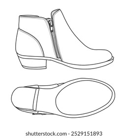 Zapatos de botines de mujer con tres correas Arte de línea, bosquejo técnico dibujando a mano contorno Vector doodle ilustración vista inferior y lateral aislado sobre fondo blanco