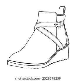 Women's ankle boots shoes with two strap Line art, Technical sketch hand drawing outline vector doodle illustration side 3d isometric view isolated on white background