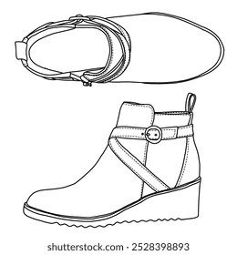 Damenknöchelstiefel Schuhe mit zwei Gurt Line Art, technische Skizze Handzeichnung Umriss Vektor Doodle Illustration Seite und Draufsicht einzeln auf weißem Hintergrund