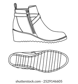 Zapatos de botines de mujer con dos correas Arte de línea, bosquejo técnico dibujando a mano contorno Vector doodle ilustración vista inferior y lateral aislado sobre fondo blanco