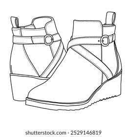 Women's ankle boots shoes with two strap Line art, Technical sketch hand drawing outline vector doodle illustration rear and side 3D Isometric view isolated on white background