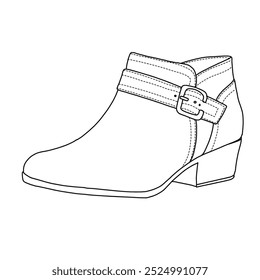 Damenknöchel Geschlossener Zehenarmband Bootie Schuhe Linie Kunst, Technische Skizze Handzeichnung Umriss Vektor Doodle Illustration Seitenansicht einzeln auf weißem Hintergrund