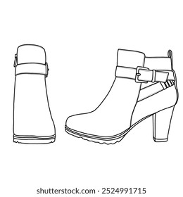 Damenknöchel Geschlossener Zehenband Bootie Schuhe Linie Kunst, Technische Skizze Handzeichnung Umriss Vektor Doodle Illustration Seite und Vorderansicht einzeln auf weißem Hintergrund