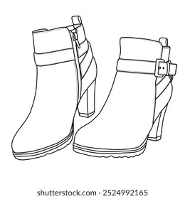 Damenknöchel Geschlossene Zehe Band Bootie Schuhe Linie Kunst, Technische Skizze Handzeichnung Umriss Vektor Doodle Illustration Seite isometrische 3D-Ansicht einzeln auf weißem Hintergrund