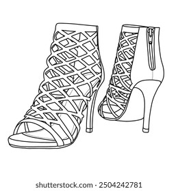 Women's Ankle Strap Open Toe Stiletto Heel Sandals Cutout Dress Pump Shoes Line art, Technical sketch hand drawing outline vector doodle illustration 3D and rear view isolated on white background