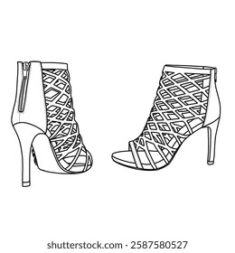 Women's ankle strap open-toe stiletto heel sandals cut-out pump shoes with zipper line art, Technical sketch hand drawing outline vector doodle illustration. Back and side view. 