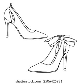 Frauen-Knöchelriemen Plattform Geschlossene Zehe Kleid High Heels Pumps Linie Kunst, Technische Skizze Handzeichnung Umriss Vektor Doodle Illustration Seite und isometrische Ansicht einzeln auf weißem Hintergrund