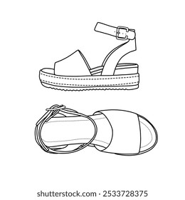 Women's ankle strap wedge with buckles studded wedge sandal line art. Technical sketch hand drawing outline vector doodle illustration, isolated on a white background