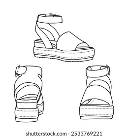 Women's ankle strap wedge with buckles studded wedge sandal line art. Technical sketch hand drawing outline vector doodle illustration, isolated on a white background