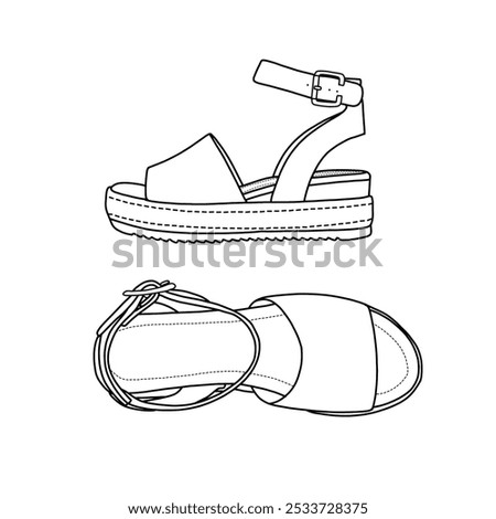 Women's ankle strap wedge with buckles studded wedge sandal line art. Technical sketch hand drawing outline vector doodle illustration, isolated on a white background