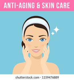 Women's anti-aging skin care. Woman with perfect skin without wrinkles and pimples. Vector