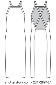 womens apron dress flat sketch vector illustration front and back view pinafore dress technical cad drawing template