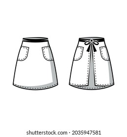 Women's apron with two pockets. Front and back views. Isolated vector illustration