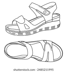 Women's Arch Support Walking Sandals Comfortable Orthotic Sandals Line art, Technical sketch hand drawing outline vector doodle illustration isolated on white background