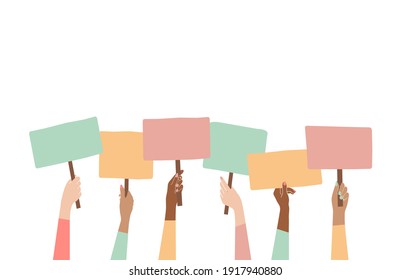 Women's arms at demonstration with an empty placard isolated on white.Vector illustration in a flat style.