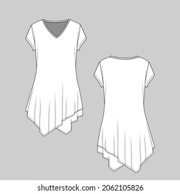 Womens Asymmetric Casual T-Shirt Dress V Neck Short Sleeve Fashion Flat Sketch technical Drawing Template  Design Vector