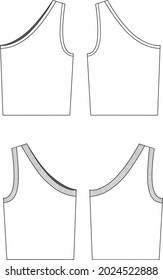 Women's Asymmetric Knit Tops. Technical fashion top illustration. Flat apparel top template front and back, white color. Women's CAD mock-up.