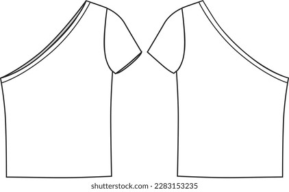 Women's Asymmetric Short Sleeve Knit Tops. Technical fashion top illustration. Front and back, white color. Women's CAD mock-up.