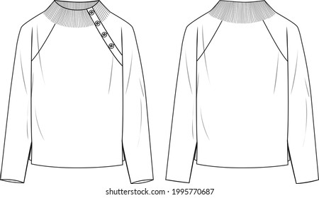 Women's Asymmetrical Button, Mock Neck, Raglan Sweater- Sweater technical fashion illustration. Flat apparel sweater template front and back, white colour. Women's CAD mock-up.